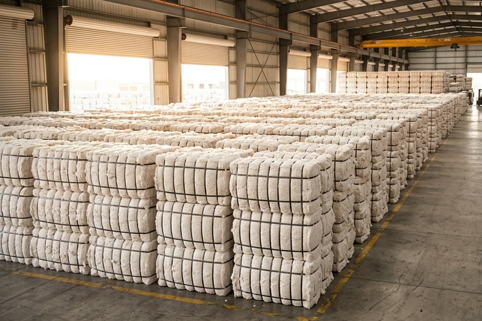 Rows of stacked cotton fully pressed bales in a warehouse